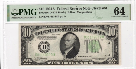 New Store Items 1934-A $10 FEDERAL RESERVE NOTE, FR-2006-D, PMG CH UNC 64; FRESH!