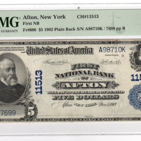 New Store Items 1902 $5 NATIONAL BANK NOTE, FNB AFTON, NEW YORK, CHTR #11513, PMG CH VF-35