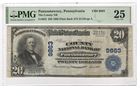Large National Currency 1902 $20 NATIONAL BANK NOTE, COUNTY NB PUNXSUTAWNEY, PA; CHTR #9863, PMG VF-25