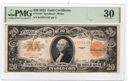 Large Gold Certificates 1922 $20 GOLD CERTIFICATE, FR-1187, PMG VF-30!