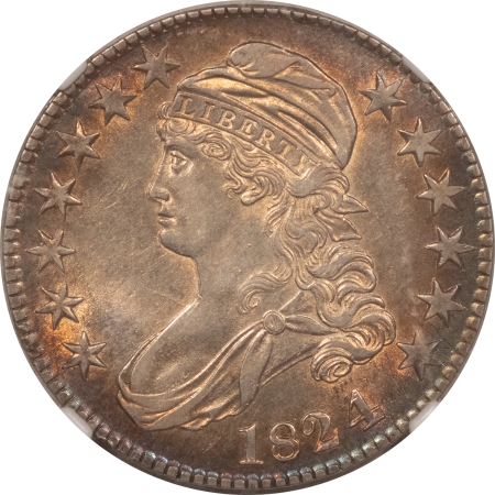 Early Halves 1824/4 CAPPED BUST HALF DOLLAR, O-110 – NGC AU-53, LUSTROUS & ATTRACTIVE