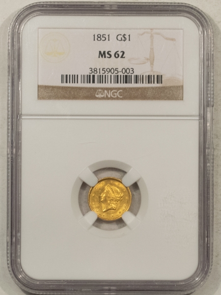 $1 1851 $1 GOLD DOLLAR – NGC MS-62, FLASHY