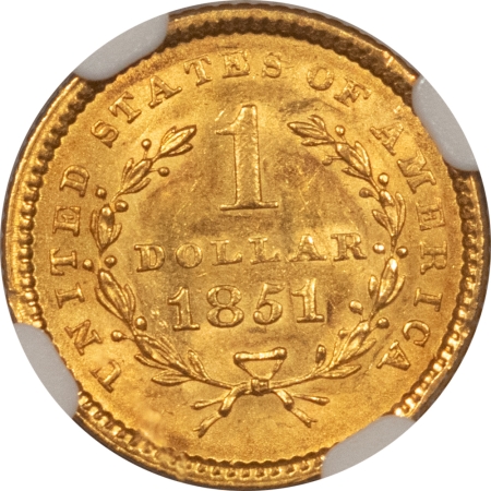 $1 1851 $1 GOLD DOLLAR – NGC MS-62, FLASHY