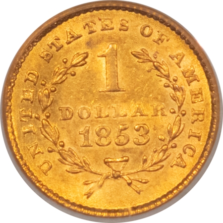 $1 1853 $1 GOLD DOLLAR – PCGS MS-62, NICE ORIGINAL LUSTER