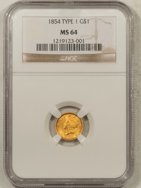 $1 1854 $1 GOLD DOLLAR, TYPE I – NGC MS-64, SMOOTH & FLASHY