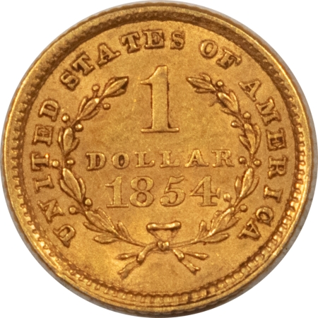 $1 1854 $1 GOLD DOLLAR, TYPE I – HIGH GRADE, NEARLY UNCIRCULATED, LOOKS CHOICE!