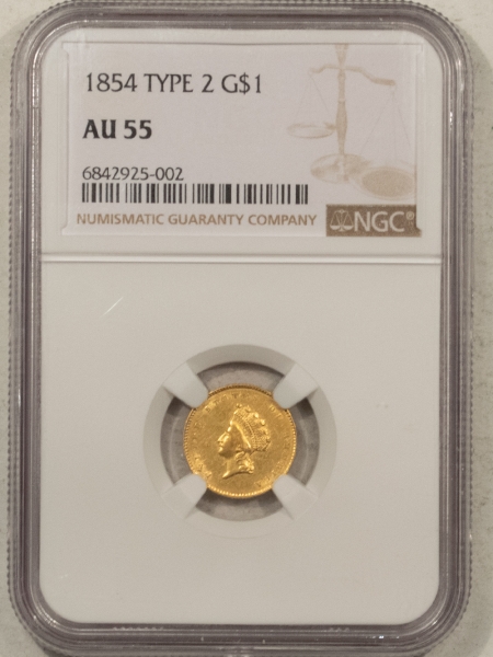 $1 1854 $1 GOLD DOLLAR, TYPE II – NGC AU-55, SCARCE TYPE!