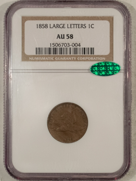 CAC Approved Coins 1858 LARGE LETTERS FLYING EAGLE CENT – NGC AU-58, CAC APPROVED!