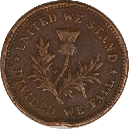 Civil War & Hard Times 1860 CIVIL WAR TOKEN, UNITED WE STAND, R-1, 450/471a – CIRCULATED, RIM DAMAGE