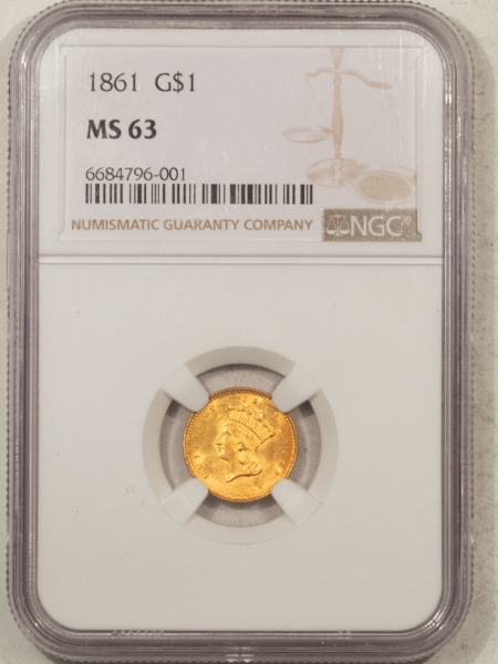 $1 1861 $1 GOLD DOLLAR – NGC MS-63, FLASHY & CHOICE! CIVIL WAR DATE!