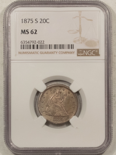 New Certified Coins 1875-S TWENTY CENT PIECE – NGC MS-62, ORIGINAL EXAMPLE!