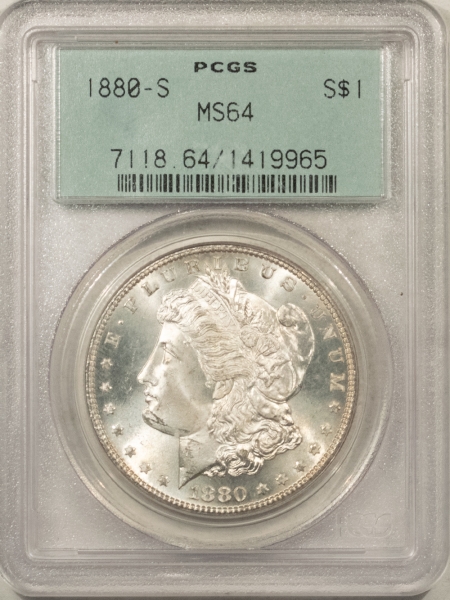 Morgan Dollars 1880-S MORGAN DOLLAR – PCGS MS-64, OLD GREEN HOLDER, PREMIUM QUALITY!
