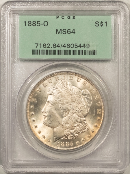 Morgan Dollars 1885-O MORGAN DOLLAR – PCGS MS-64, OLD GREEN HOLDER, PREMIUM QUALITY!