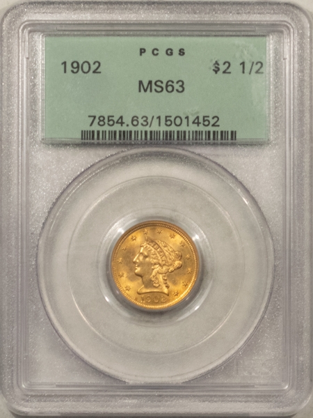 $2.50 1902 $2.50 LIBERTY GOLD – PCGS MS-63, OLD GREEN HOLDER, PREMIUM QUALITY!