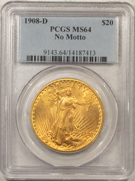 $20 1908-D $20 ST GAUDENS GOLD, NO MOTTO – PCGS MS-64, SCARCE!
