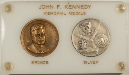 Exonumia 1964 MEDALLIC ARTS JOHN F KENNEDY SILVER & BRONZE MEMORIAL MEDALS, CUSTOM HOLDER