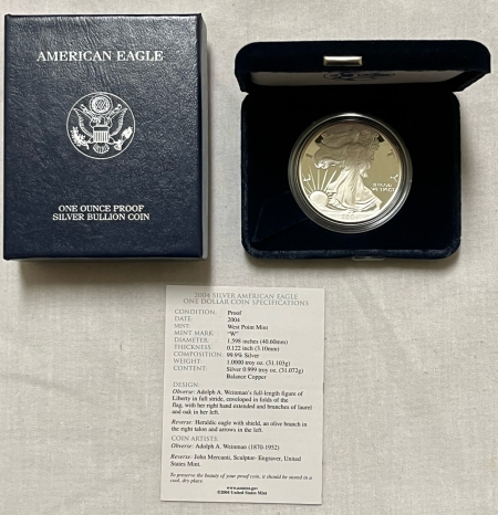 American Silver Eagles 2004-W $1 PROOF AMERICAN SILVER EAGLE, 1 OZ – GEM PROOF WITH BOX AND COA!
