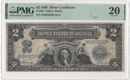 Large Silver Certificates 1899 $2 SILVER CERTIFICATE, FR-257, ELLIOTT/BURKE, PMG VF-20, FRESH & ORIGINAL!