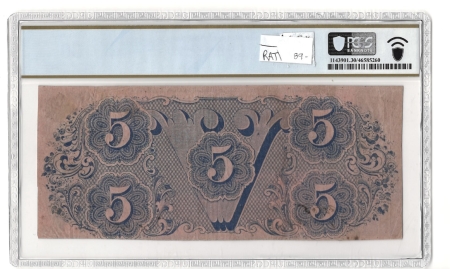 Confederate Notes 1862 $5 CONFEDERATE CSA, T-53, PF-2, CR-382, PL #G, PCGS BANKNOTE VERY FINE-30