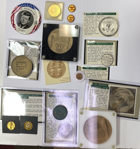 Exonumia 1963-1964 JOHN F. KENNEDY MEMORAL MEDAL & TOKEN COLLECTOR LOT OF 13, W/ PAPERS