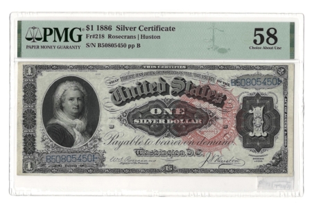 Large Silver Certificates 1886 $1 SILVER CERTIFICATE, FR-218, ROSECRANS-HUSTON, PMG CH ABOUT UNC-58-FRESH!