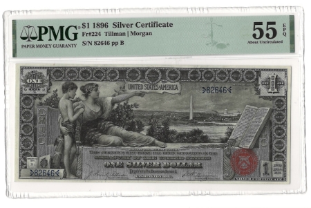Large Silver Certificates 1896 $1 SILVER CERTIFICATE, EDUCATIONAL, FR-224, TILLMAN-MORGAN; PMG AU-55 EPQ!