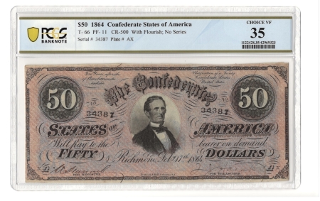 Confederate Notes 1864 $50 CONFEDERATE CSA, T-66, PF-11, CR-500, PCGS BANKNOTE CH VF-35