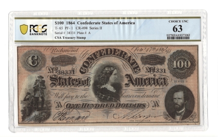 Confederate Notes 1864 $100 CONFEDERATE CSA, T-65, PF-1, CR-494, PCGS BANKNOTE CHOICE UNC-63