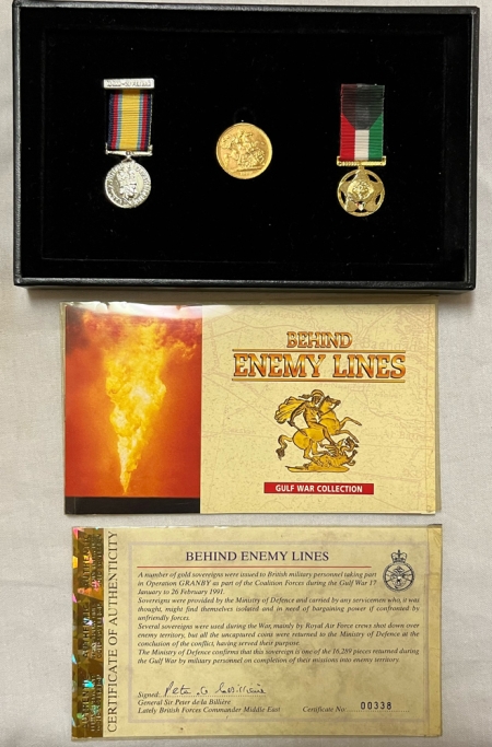 Bullion 1980 GOLD SOVEREIGN, BEHIND ENEMY LINES, GULF WAR SOLDIER ISSUE – BU W/ BOX/COA