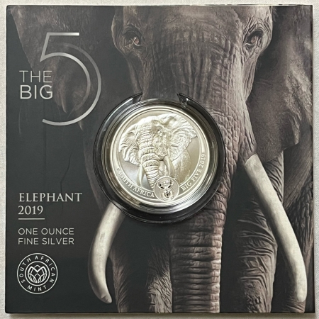 New Store Items 2019 SOUTH AFRICA 1 TROY OZ FINE SILVER ELEPHANT 5 RAND BU CAPSULE ON CARD, COA