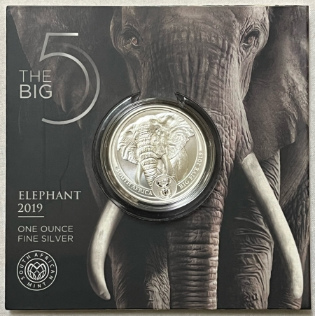 Bullion 2019 1 TROY OZ FINE SILVER ELEPHANT 5 RAND S. AFRICA, BU W/ CAPSULE ON CARD, COA