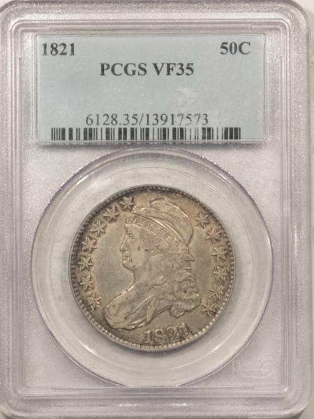Early Halves 1821 CAPPED BUST HALF DOLLAR – PCGS VF-35, PREMIUM QUALITY WITH LUSTER!