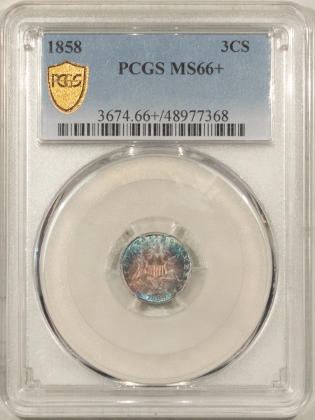 New Certified Coins 1858 THREE CENT SILVER – PCGS MS-66+, STUNNING & PREMIUM QUALITY!