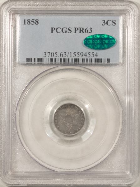 CAC Approved Coins 1858 PROOF THREE CENT SILVER – PCGS PR-63, RARE! 100 MINTAGE! CAC APPROVED!
