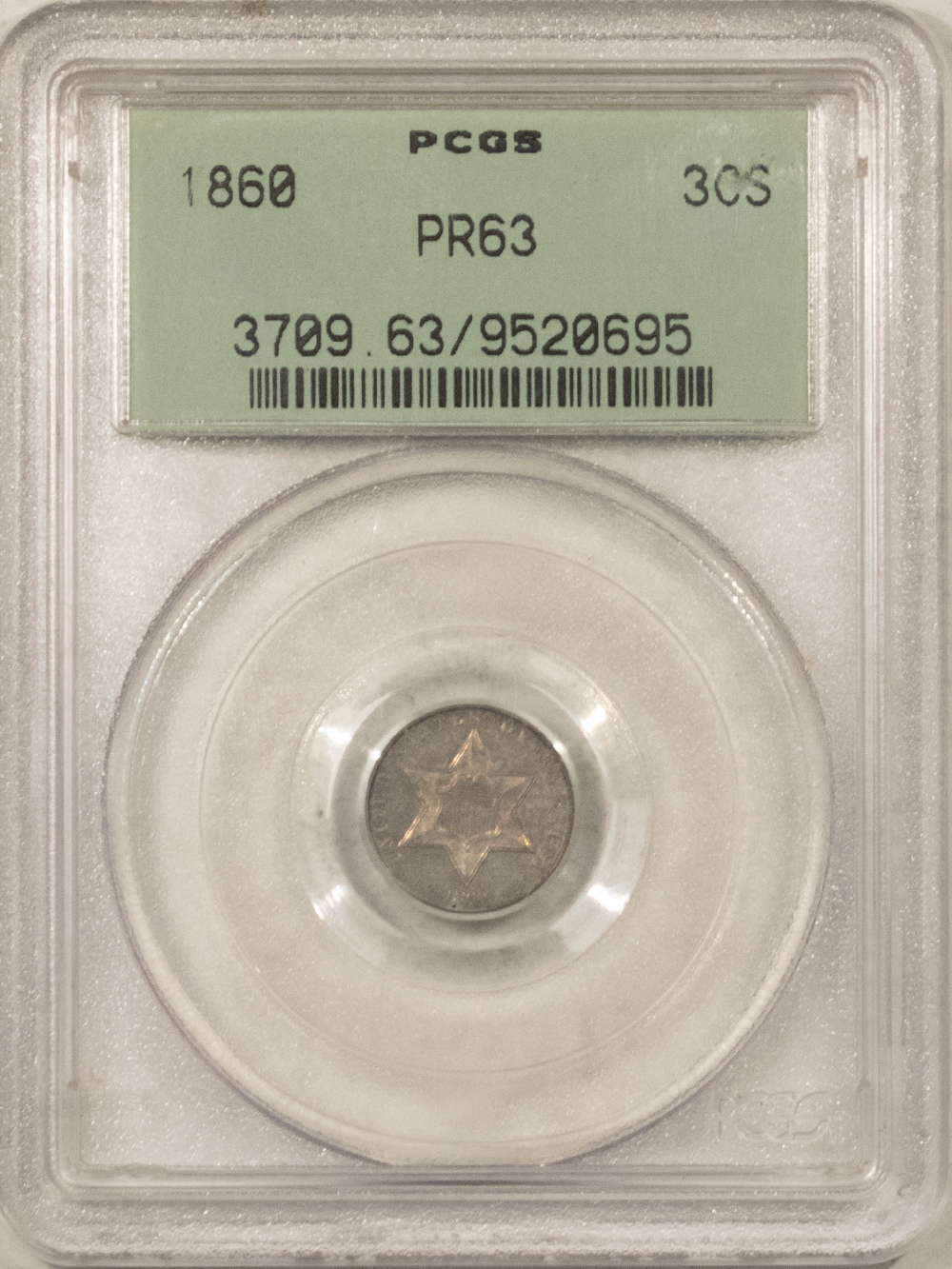1860 PROOF THREE CENT SILVER - PCGS PR-63, OLD GREEN HOLDER!