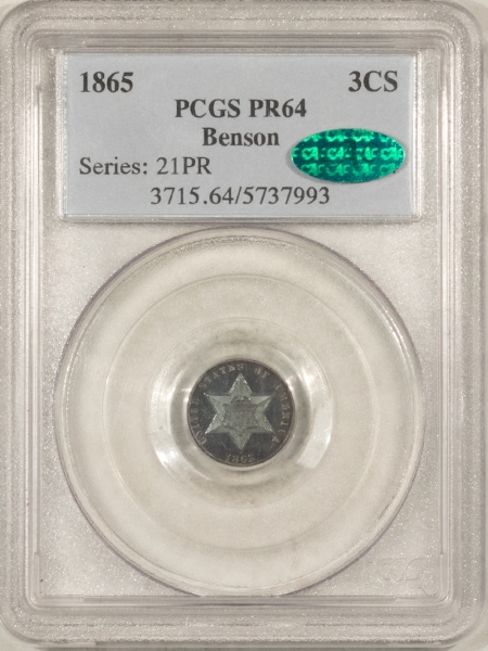 CAC Approved Coins 1865 PROOF THREE CENT SILVER, EX. BENSON – PCGS PR-64, PRETTY, LOOKS CAMEO! CAC!