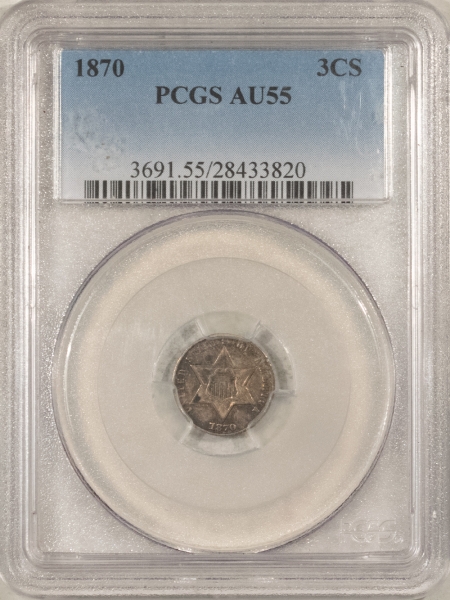 New Certified Coins 1870 THREE CENT SILVER – PCGS AU-55, RARE BUSINESS STRIKE! 3000 MINTAGE!