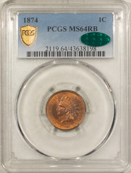 CAC Approved Coins 1874 INDIAN CENT – PCGS MS-64 RB, PREMIUM QUALITY & CAC APPROVED!