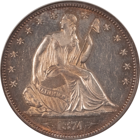 Liberty Seated Halves 1874 SEATED LIBERTY HALF DOLLAR, ARROWS – NGC MS-61, FRESH & FLASHY! SEMI PL