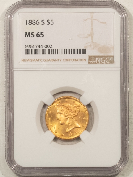 $5 1886-S $5 LIBERTY GOLD – NGC MS-65, FRESH & LUSTROUS! SCARCE IN GEM!