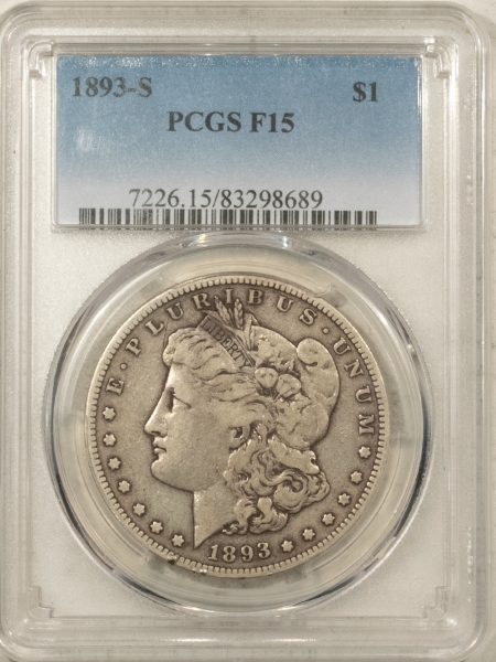 Morgan Dollars 1893-S MORGAN DOLLAR – PCGS F-15, NICE, KEY DATE!!