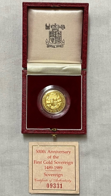 Bullion 1489-1989 GOLD SOVEREIGN, 500TH ANNIVERSARY PROOF, OBV HANDLING BOX/COA, SCARCE