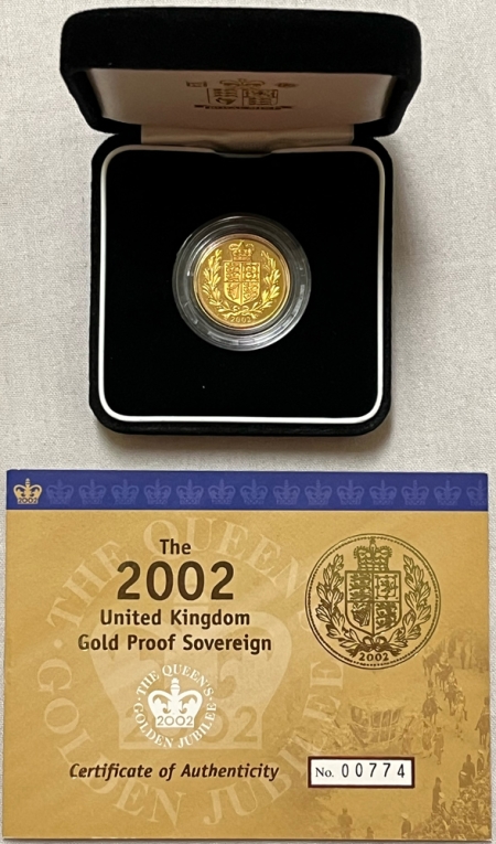 Bullion 2002 GREAT BRITAIN GOLD PROOF SOVEREIGN, THE QUEEN’S GOLDEN JUBILEE – GEM W/ OGP