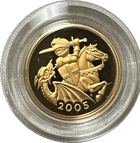 Bullion 2005 GREAT BRITAIN GOLD PROOF SOVEREIGN, SPECIAL REVERSE DESIGN – GEM W/ OGP