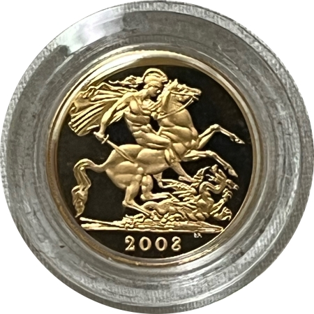 Bullion 2008 UK GOLD PROOF SOVEREIGN .2354 OZ, .917 FINE, 1356/12500 – GEM PROOF BOX/COA