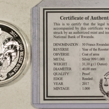 Bullion 2017 RWANDA PROOF 50 FRANCS LUNAR 1 OZ .999 SILVER YEAR OF THE ROOSTER GEM, OGP!