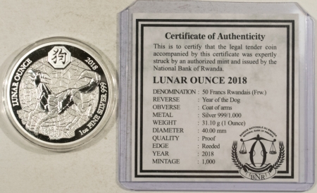 Bullion 2018 RWANDA PROOF 50 FRANCS LUNAR 1 OZ .999 SILVER YEAR OF THE DOG – GEM PR OGP