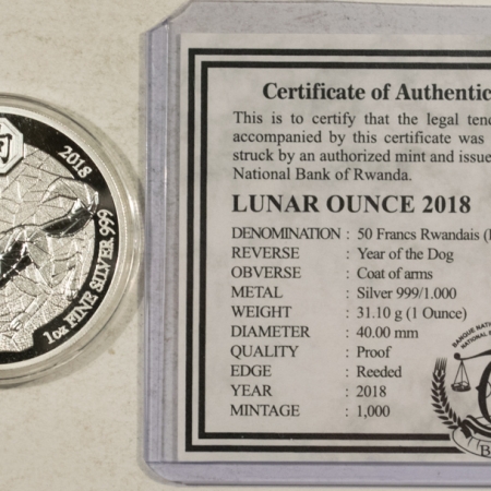 World Certified Coins 2018 RWANDA PROOF 50 FRANCS LUNAR 1 OZ .999 SILVER YEAR OF THE DOG – GEM PR OGP