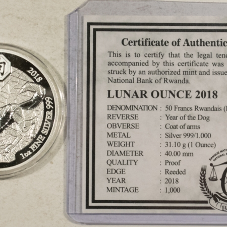 Bullion 2018 RWANDA PROOF 50 FRANCS LUNAR 1 OZ .999 SILVER YEAR OF THE DOG – GEM PR OGP