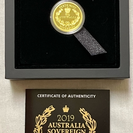 Bullion 2019 $25 AUSTRALIA GOLD PROOF SOVEREIGN, .2354 OZ – GEM PROOF W/ BOX/COA!